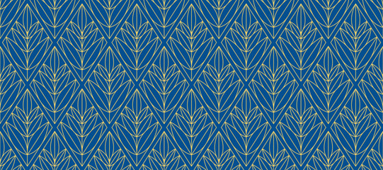 Retro art deco blue and gold seamless pattern. Repeated golden floral leaves motif. Vintage decorative texture for wallpaper, textile, fabric, print swatch. Vector elegant linear ornament backdrop © vika_k