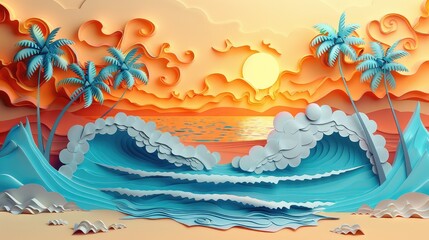 Fototapeta na wymiar 3d paper art of the beach with palm trees and waves, in the style of soft gradients, dark cyan and light amber, romanticized landscapes