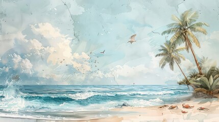 pastel paper style watercolor painting in the style of knolling photography of a white beach with palm trees, some seagulls and crabs and crashing waves - obrazy, fototapety, plakaty