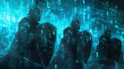 Knights of the digital round table wielding shields of encryption battling against the dark forces of cyber threats. Generative AI illustration  - obrazy, fototapety, plakaty
