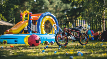 Keep children active and entertained with a variety of sports equipment and outdoor games all on sale for Childrens Day. From bicycles to inflatable pools there are plenty - obrazy, fototapety, plakaty