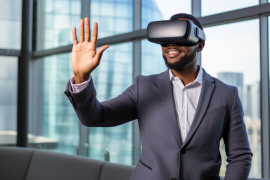 A businessman in an online meeting presentation wearing a virtual reality headset