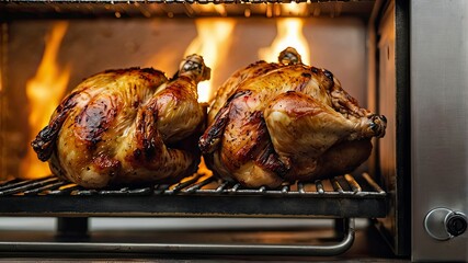 Appetizing rotisserie chicken spinning on a spit