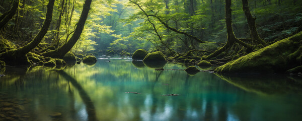 Sunlight filters through green trees in a peaceful morning forest landscape