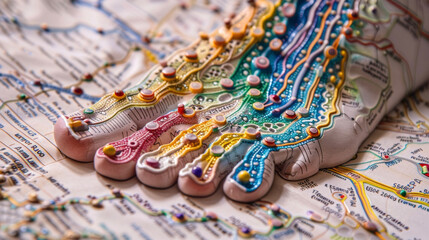 A detailed shot of a reflexology foot chart with each reflex point intricately labeled and colorcoded to represent the corresponding body part or organ. - obrazy, fototapety, plakaty