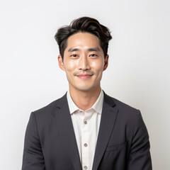 30s Korean man black casual suit smiling portrait