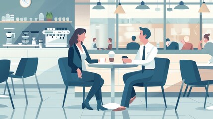 Two lawyers in professional attire confer over coffee in a bustling hospital cafe. They discuss the legal implications of a new healthcare law and its potential impact on