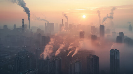 Fototapeta na wymiar Urban Sunset and Sunrise - City Skyline with Industry and Pollution