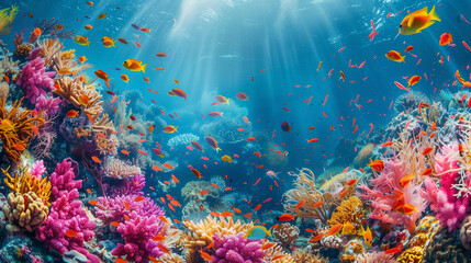 Fototapeta na wymiar Tropical coral reef teeming with colorful marine life in the depths of the ocean