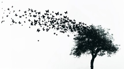 butterflies emerge from a barren tree against a stark white background