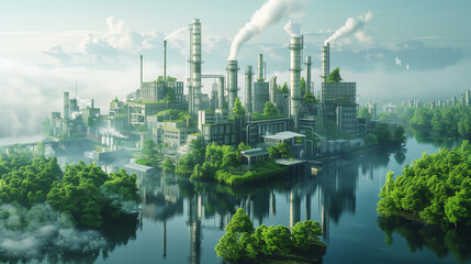 A digital artwork showing a industry transforming into a green, sustainable industrial estate with renewable energy sources - obrazy, fototapety, plakaty