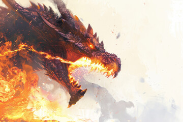 Fototapeta premium A fire-breathing dragon, flames licking its maw, prepares to unleash its fury.