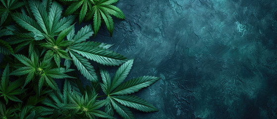 Top view cannabis Marijuana leaves green dark frame background banner copy space area
