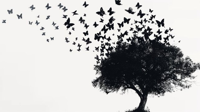 a silhouette of a tree bursts with life as butterflies take flight