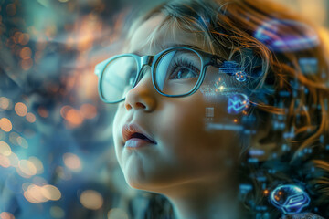 Child with Glasses Marveling at Holographic Data - The Wonder of Future Technology - obrazy, fototapety, plakaty