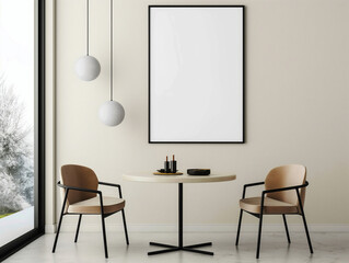 Frame mockup, single vertical, blank poster frame on the wall of the living room or dining room. Scandinavian Modern Interior Design. Artwork mockup
