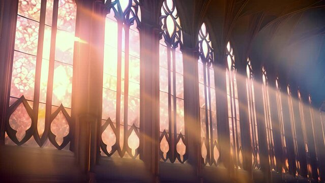 Sun rays piercing through colorful stained glass windows, casting vibrant patterns inside a cathedral
