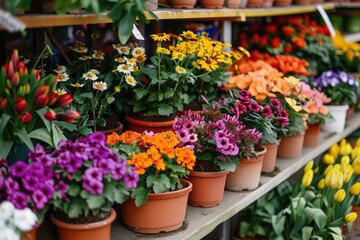Fototapeta na wymiar Many colorful blooming flowers in pots are displayed on shelf in floristic store or at street market. Spring planting.