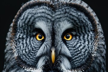 Obraz premium Eyes of a great grey owl or lapland owl (Strix nebulosa) on the black background.