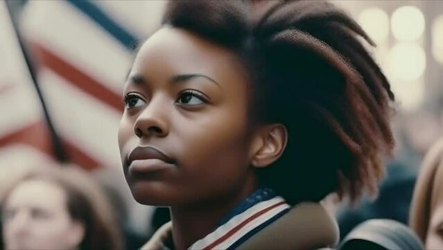 Girl turns into a grandmother in a crowd of people at a rally, a march with flags. The transience of time. Rapid aging. A single moment. A day of memorial in America. Independence Day in America. 4th 