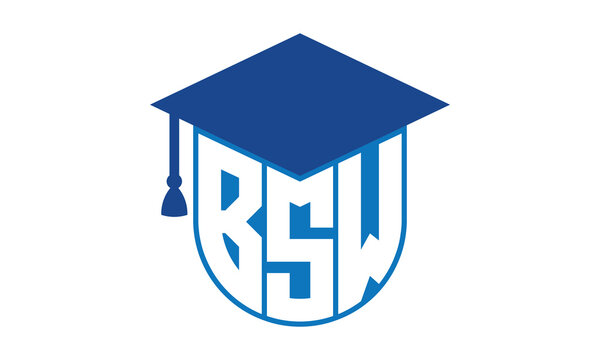 BSW initial letter academic logo design vector template. school college logo, university logo, graduation cap logo, institute logo, educational logo, library logo, teaching logo, book shop, varsity