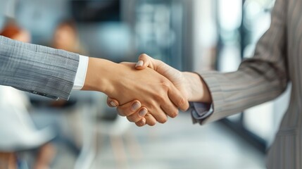 shaking hands and thank you handshake of a corporate worker in a office. Business deal, partnership and we are hiring gesture with a female hr manager ready for onboarding welcome with trust - obrazy, fototapety, plakaty