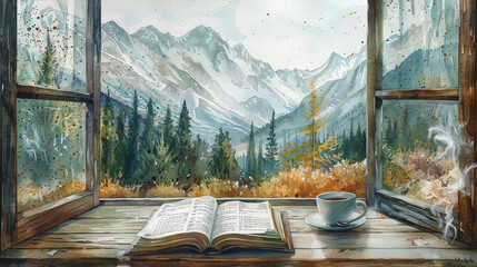Moutain view framed by an open window watercolor