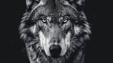 A striking black and white image of a wolfs face showcasing the intelligence and wild nature of the animal commonly regarded as a spirit guide in spiritual healing.