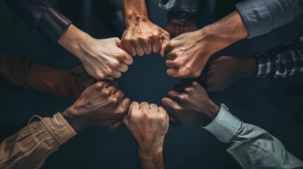 Close up business team forming a circle out of their fists
 - obrazy, fototapety, plakaty