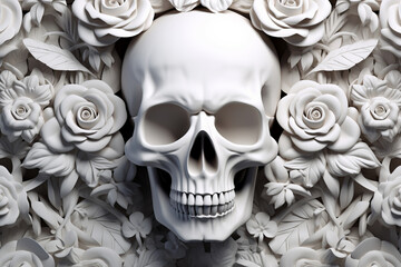 A seamless 3D clay gothic skull surrounded by white flowers represents life and death, a masterpiece of AI Generative.