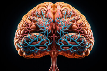 A highly detailed 3D illustration of a human brain, highlighting the intricate network of neural pathways and blood vessels in a striking contrast AI Generative.
