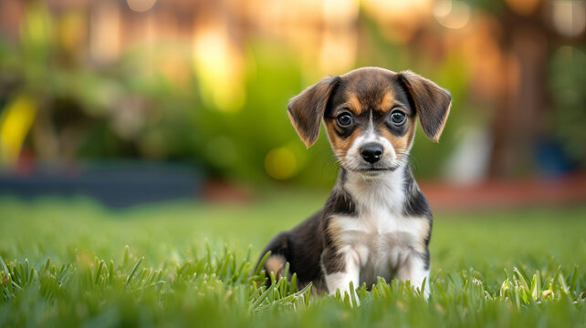 A Beagle-Chihuahua mix puppy gazes with soulful eyes while sitting in lush grass, captured by AI Generative.