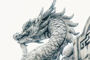 A guardian dragon, statuesque and vigilant, stands at the entrance of an ancient temple.