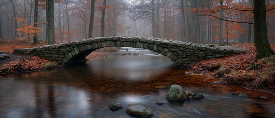 An ancient stone bridge in the autumn forest. Generated AI 