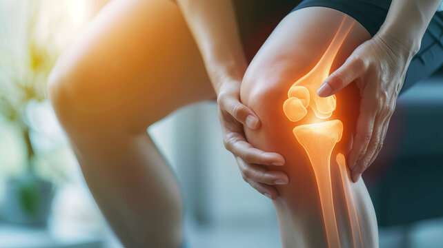 Close-up of a knee pain, glowing with discomfort, highlighting the need for medical attention AI Generative.