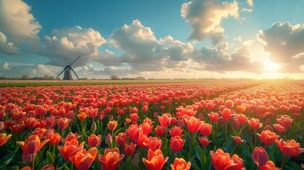 Behangcirkel Windmill in Holland Michigan - An authentic wooden windmill from the Netherlands rises behind a field of tulips in Holland Michigan at Springtime. High quality photo. High quality photo © Jennifer