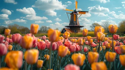 Keuken spatwand met foto Windmill in Holland Michigan - An authentic wooden windmill from the Netherlands rises behind a field of tulips in Holland Michigan at Springtime. High quality photo. High quality photo © Jennifer