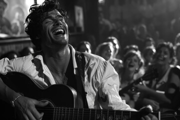 A man smiling and playing guitar in front of a cheering crowd --ar 3:2 --v 6 Job ID: 9e62a175-cd37-4619-bd2a-debc549c0edd