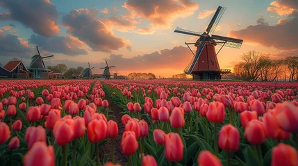 Rolgordijnen Windmill in Holland Michigan - An authentic wooden windmill from the Netherlands rises behind a field of tulips in Holland Michigan at Springtime. High quality photo. High quality photo © Jennifer
