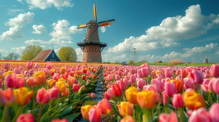 Fotobehang Windmill in Holland Michigan - An authentic wooden windmill from the Netherlands rises behind a field of tulips in Holland Michigan at Springtime. High quality photo. High quality photo © Jennifer