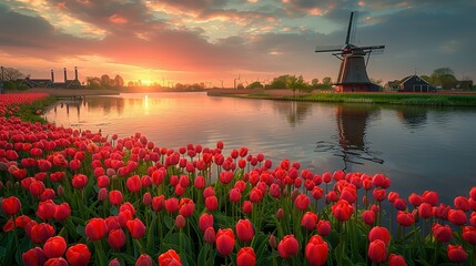 Windmill in Holland Michigan - An authentic wooden windmill from the Netherlands rises behind a field of tulips in Holland Michigan at Springtime. High quality photo. High quality photo - obrazy, fototapety, plakaty