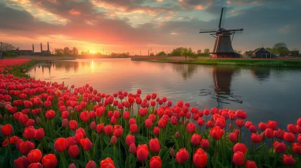 Foto op Aluminium Windmill in Holland Michigan - An authentic wooden windmill from the Netherlands rises behind a field of tulips in Holland Michigan at Springtime. High quality photo. High quality photo © Jennifer