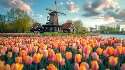 Zelfklevend Fotobehang Windmill in Holland Michigan - An authentic wooden windmill from the Netherlands rises behind a field of tulips in Holland Michigan at Springtime. High quality photo. High quality photo © Jennifer