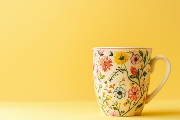 designed mug ready to serve a hot drink, set against a backdrop of vibrant yellow