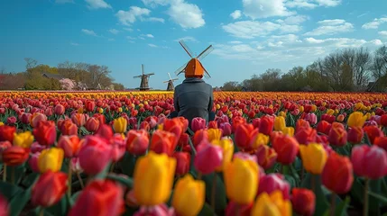 Fototapeten Windmill in Holland Michigan - An authentic wooden windmill from the Netherlands rises behind a field of tulips in Holland Michigan at Springtime. High quality photo. High quality photo © Jennifer