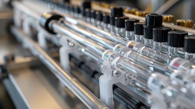 A series of bundled tubes each filled with a different chemical solution making up a multistage purification system. The tubes are labeled with symbols representing the various