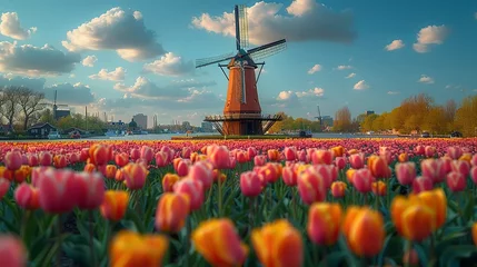 Foto op Canvas Windmill in Holland Michigan - An authentic wooden windmill from the Netherlands rises behind a field of tulips in Holland Michigan at Springtime. High quality photo. High quality photo © Jennifer