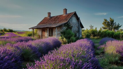 the beauty of a quaint cottage in the heart of a lavender field, with the calming scent of lavender permeating the air