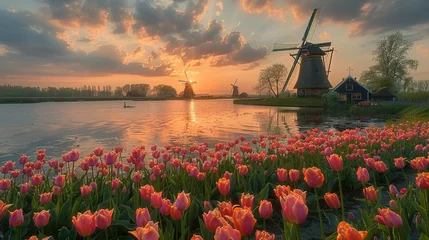 Poster Windmill in Holland Michigan - An authentic wooden windmill from the Netherlands rises behind a field of tulips in Holland Michigan at Springtime. High quality photo. High quality photo © Jennifer