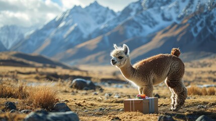 the charm of a baby alpaca exploring a birthday gift in a mountainous landscape, with snow-capped peaks in the background